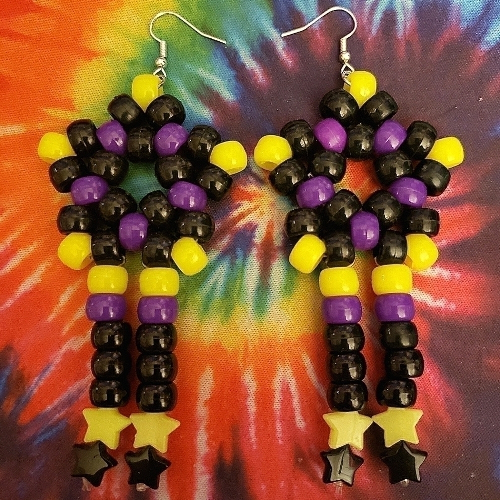 Handmade Purple Neon Yellow Black Kandi Star Dream Catcher Dangle Earrings